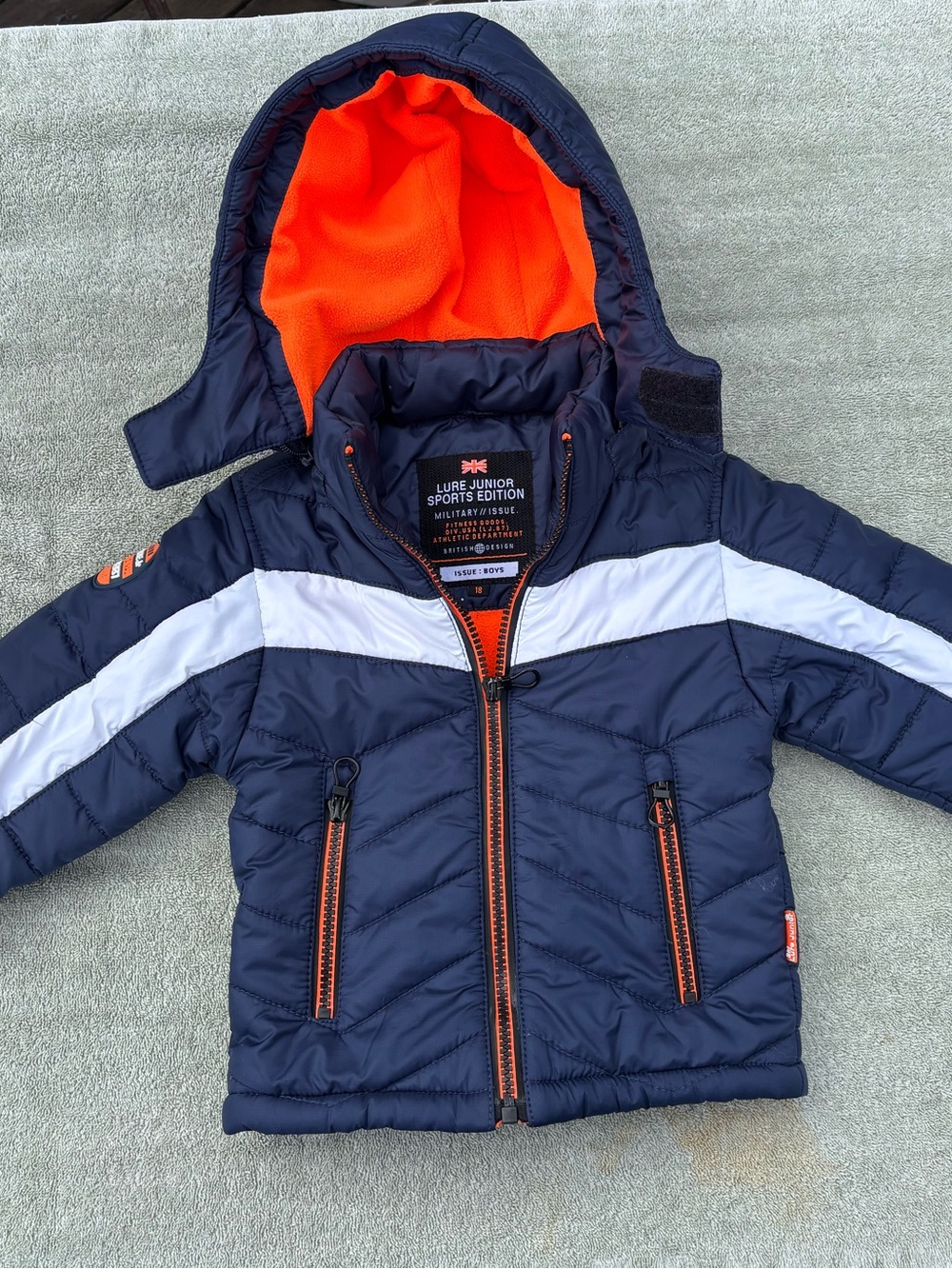 Navy and Orange Hooded Puffer Jacket for Kids